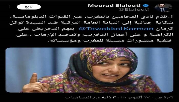 شاهد | نادي المحامين المغربي يقدم شكوى ضد توكل كرمان للنيابة التركية ويوضح الأسباب | صورة وتفاصيل